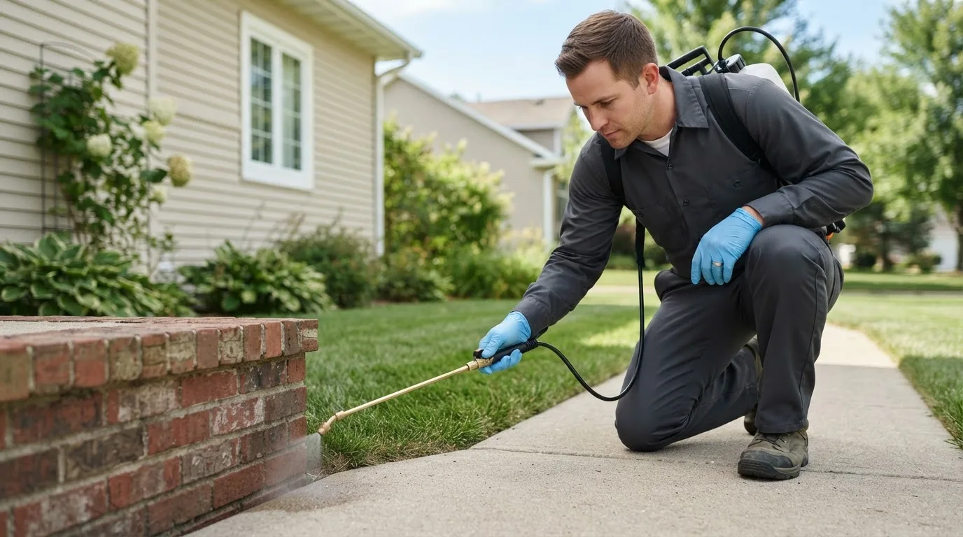 Pest control technician treating a home near Charlotte, VT